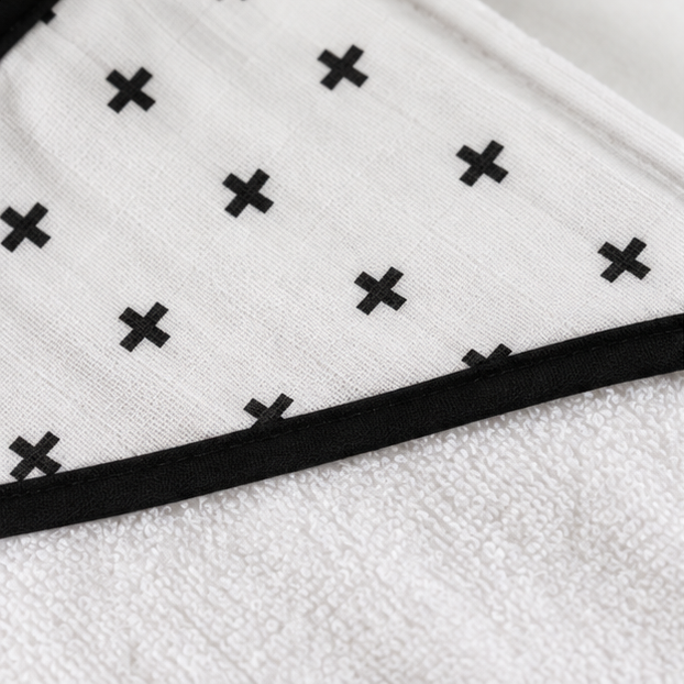 Swiss Cross Muslin + Terry Hooded Baby Towel — hood print, black binding and fabric detail