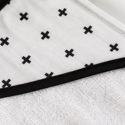 Swiss Cross Muslin + Terry Hooded Baby Towel — hood print, black binding and fabric detail