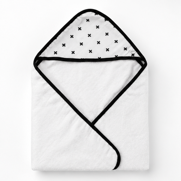 Swiss Cross Muslin + Terry Hooded Baby Towel — folded studio view on white