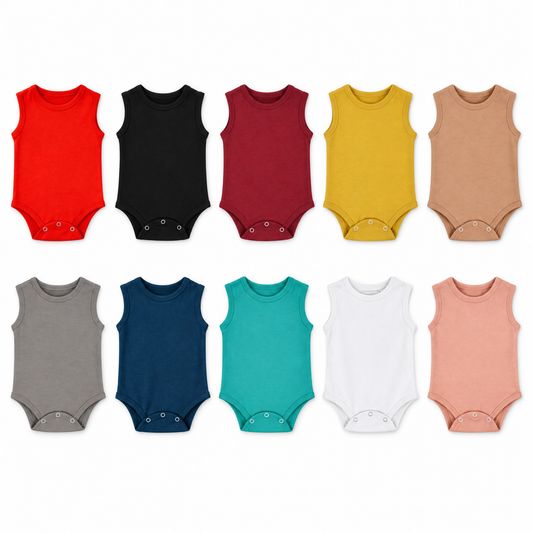 Ten organic baby tank bodysuit colors shown at matching scale: Cherry Tomato, Black, Maroon, Mustard, Ginger, Neutral Gray, Sailor Blue, Arcadia, White and Blooming Dahlia.