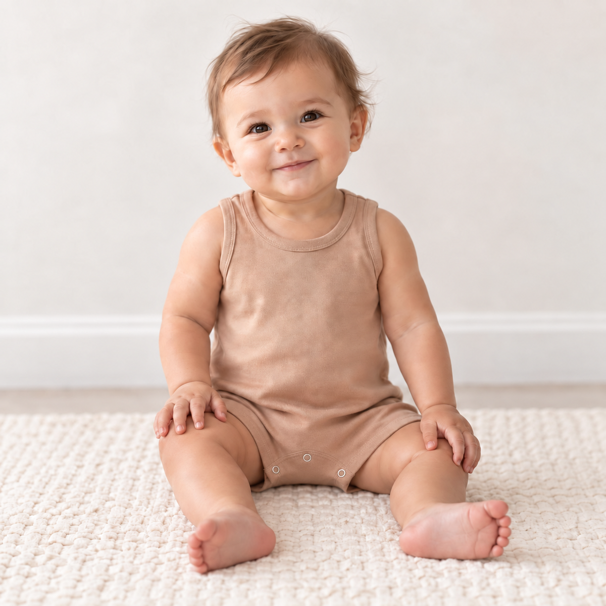 Baby seated wearing the Modern Burlap organic tank romper in Ginger