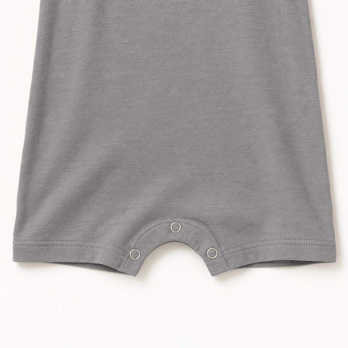 Neutral Gray organic baby tank romper with three-snap closure detail