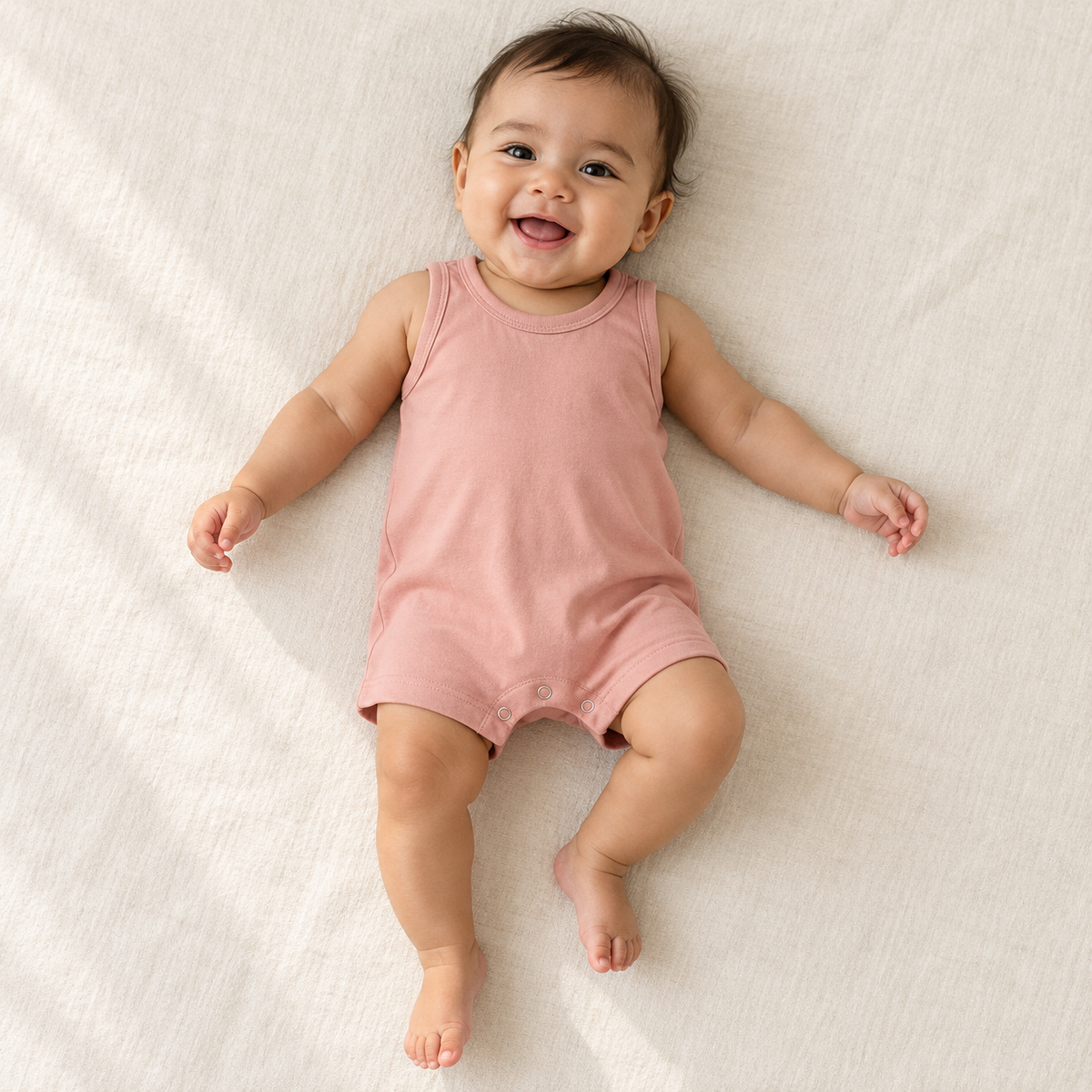 Baby lying on a play mat wearing the Blooming Dahlia organic tank romper
