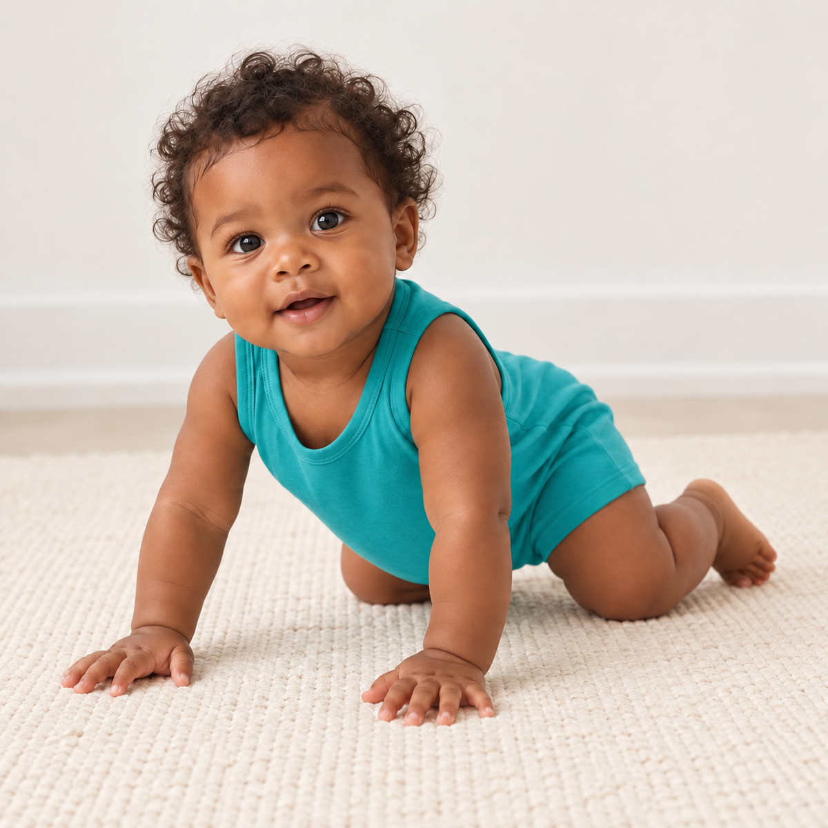 Baby crawling in the Arcadia turquoise organic tank romper