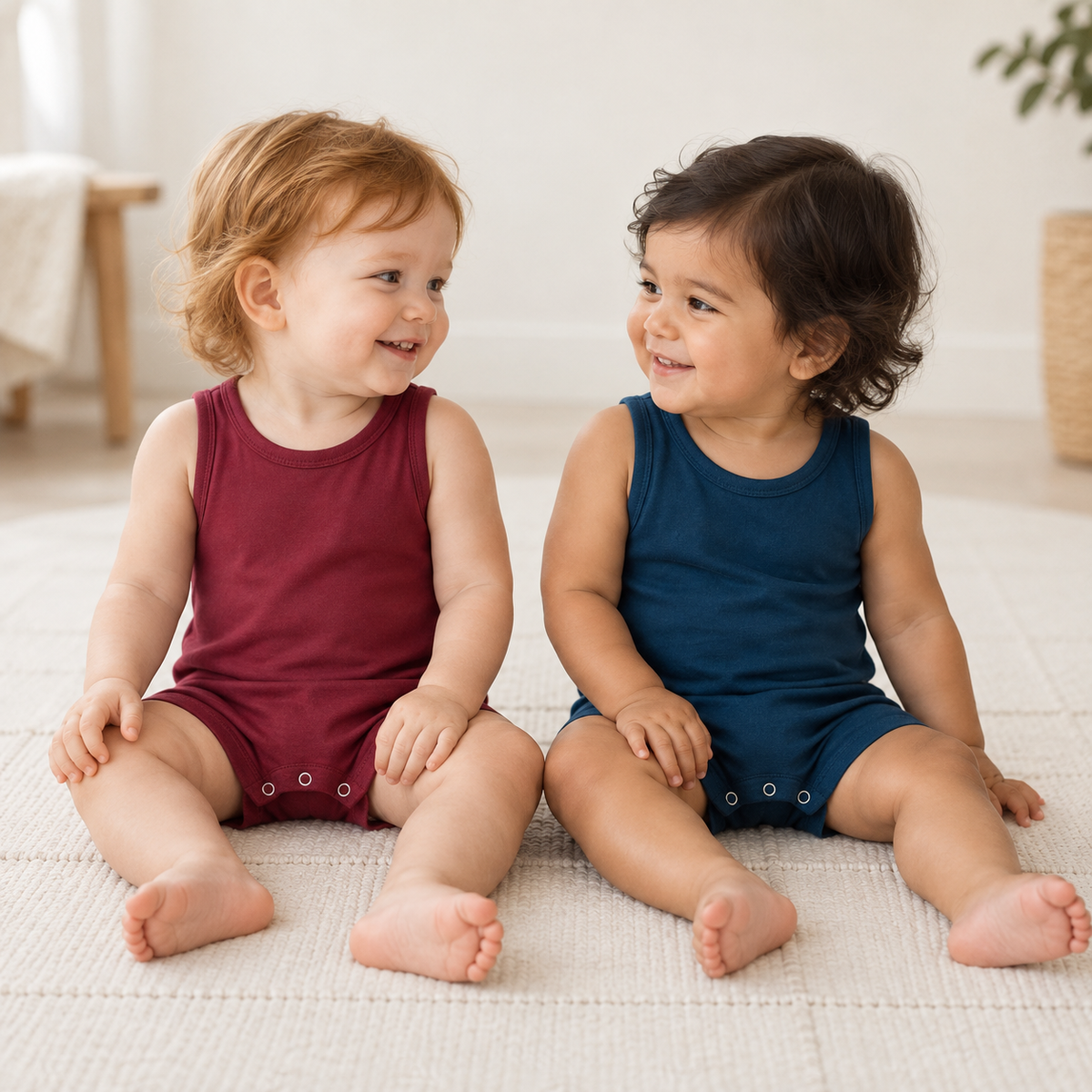 Two babies wearing Modern Burlap tank rompers in Maroon and Sailor Blue