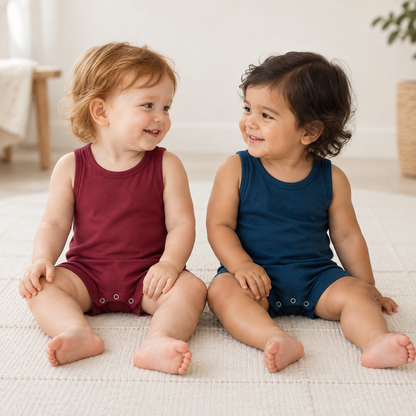 Two babies wearing Modern Burlap tank rompers in Maroon and Sailor Blue