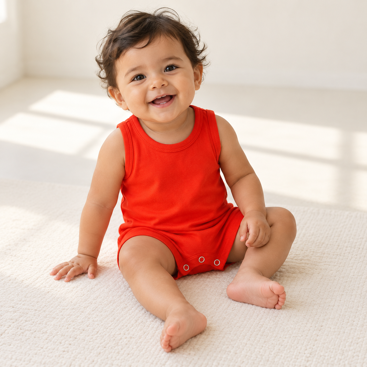 Baby seated in the Cherry Tomato orange-red organic tank romper