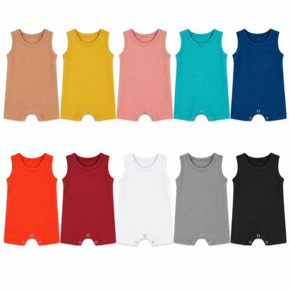 Ten organic baby tank romper colors displayed on white in two rows