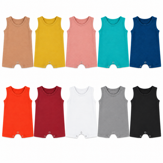 Ten organic baby tank romper colors displayed on white in two rows