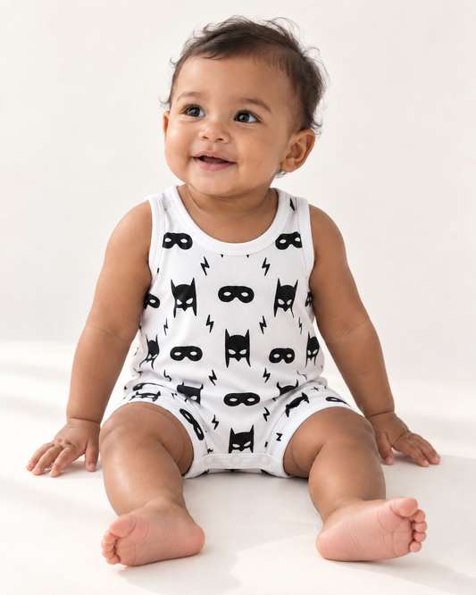 Baby wearing the Modern Burlap black-and-white Hero Struck tank romper