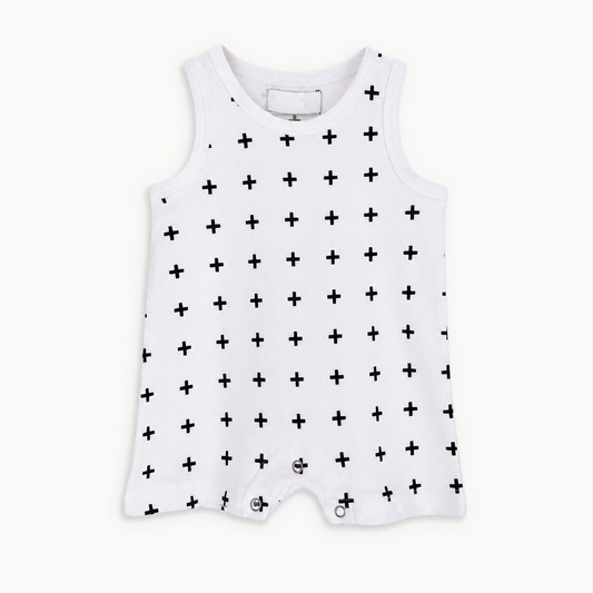 Swiss Cross print organic tank romper, full front view with sleeveless neckline and crotch snaps.
