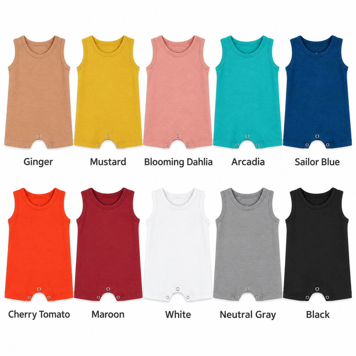 Organic tank romper color guide: Ginger, Mustard, Blooming Dahlia, Arcadia, Sailor Blue, Cherry Tomato, Maroon, White, Neutral Gray and Black
