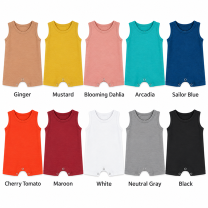 Organic tank romper color guide: Ginger, Mustard, Blooming Dahlia, Arcadia, Sailor Blue, Cherry Tomato, Maroon, White, Neutral Gray and Black