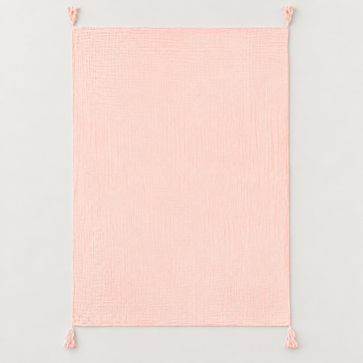Dusty Pink organic cotton muslin throw fully open with four corner tassels