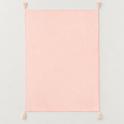 Dusty Pink organic cotton muslin throw fully open with four corner tassels