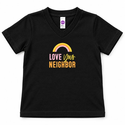 Love Your Neighbor kids tee in solid black with V-neck, full front studio view