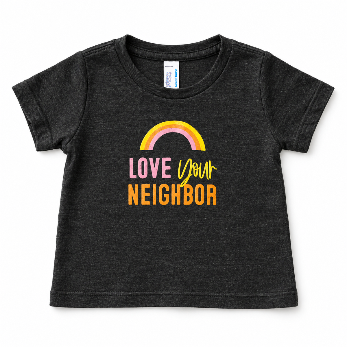 Love Your Neighbor infant tee in charcoal heather gray with crewneck, full front studio view
