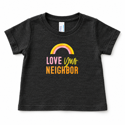 Love Your Neighbor infant tee in charcoal heather gray with crewneck, full front studio view