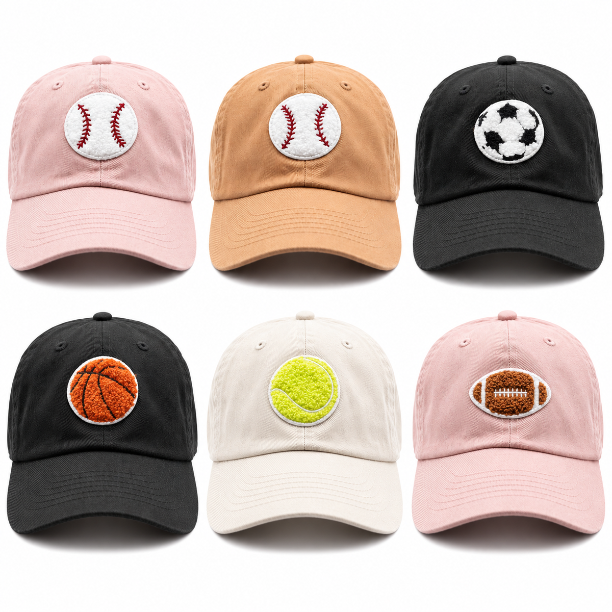 Six Rey to Z Terry Sports hats at matching display scale: Dusty Rose Baseball, Terra Cotta Baseball, Black Soccer, Black Basketball, Dune Tennis, and Dusty Rose Football. Sold individually.