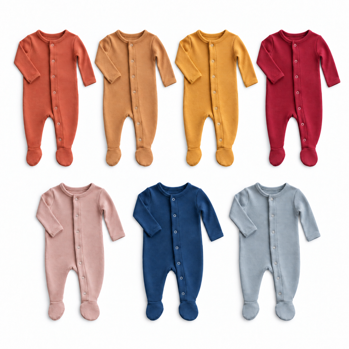 Seven thermal Explorer Back button footies in Aragon, Ginger, Honey, Maroon, Mauve, Navy Peony and Tradewinds, arranged at matching scale on white.