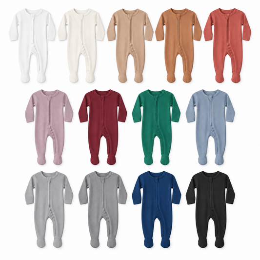 Modern Burlap thermal zip footie in all thirteen listed colors, shown at matching scale on white.