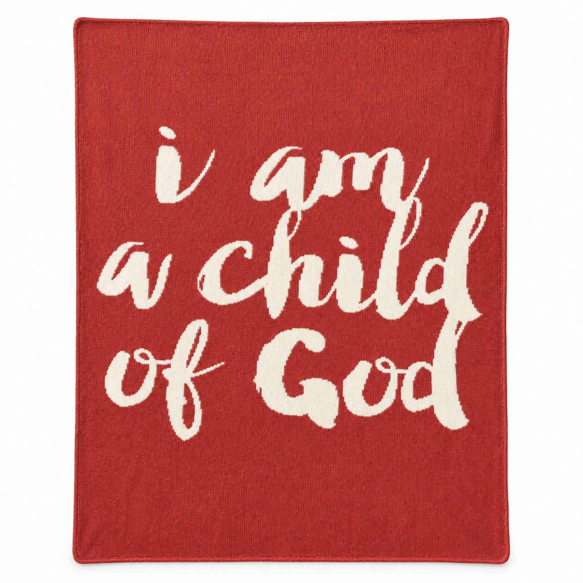 I Am a Child of God Recycled Cotton Throw Blanket — Rust Red, studio view on white.