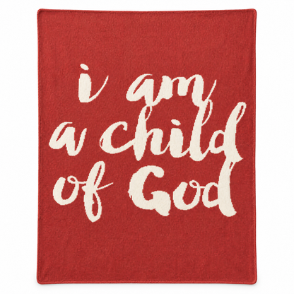 I Am a Child of God Recycled Cotton Throw Blanket — Rust Red, studio view on white.