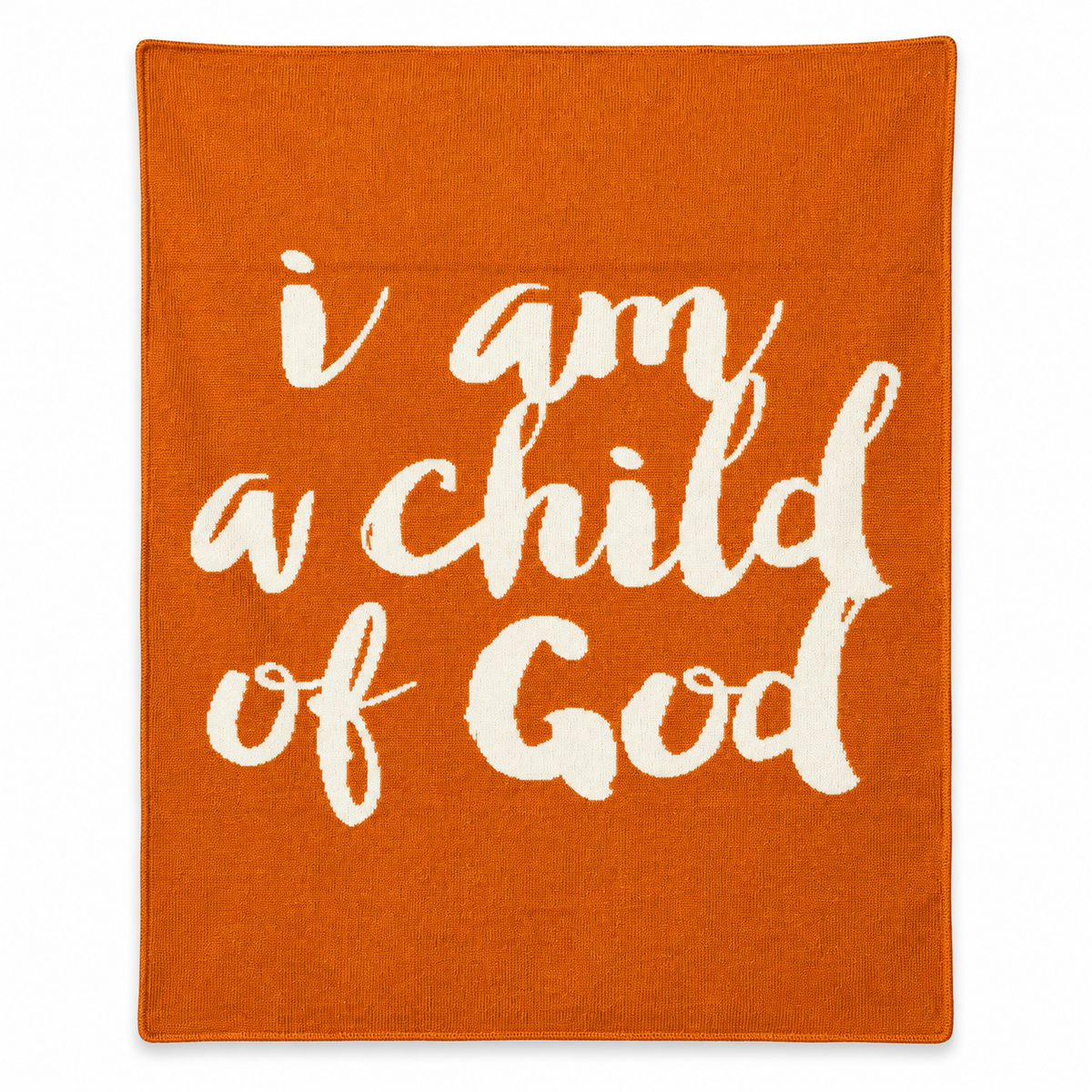 I Am a Child of God Recycled Cotton Throw Blanket — Braza Orange, studio view on white.