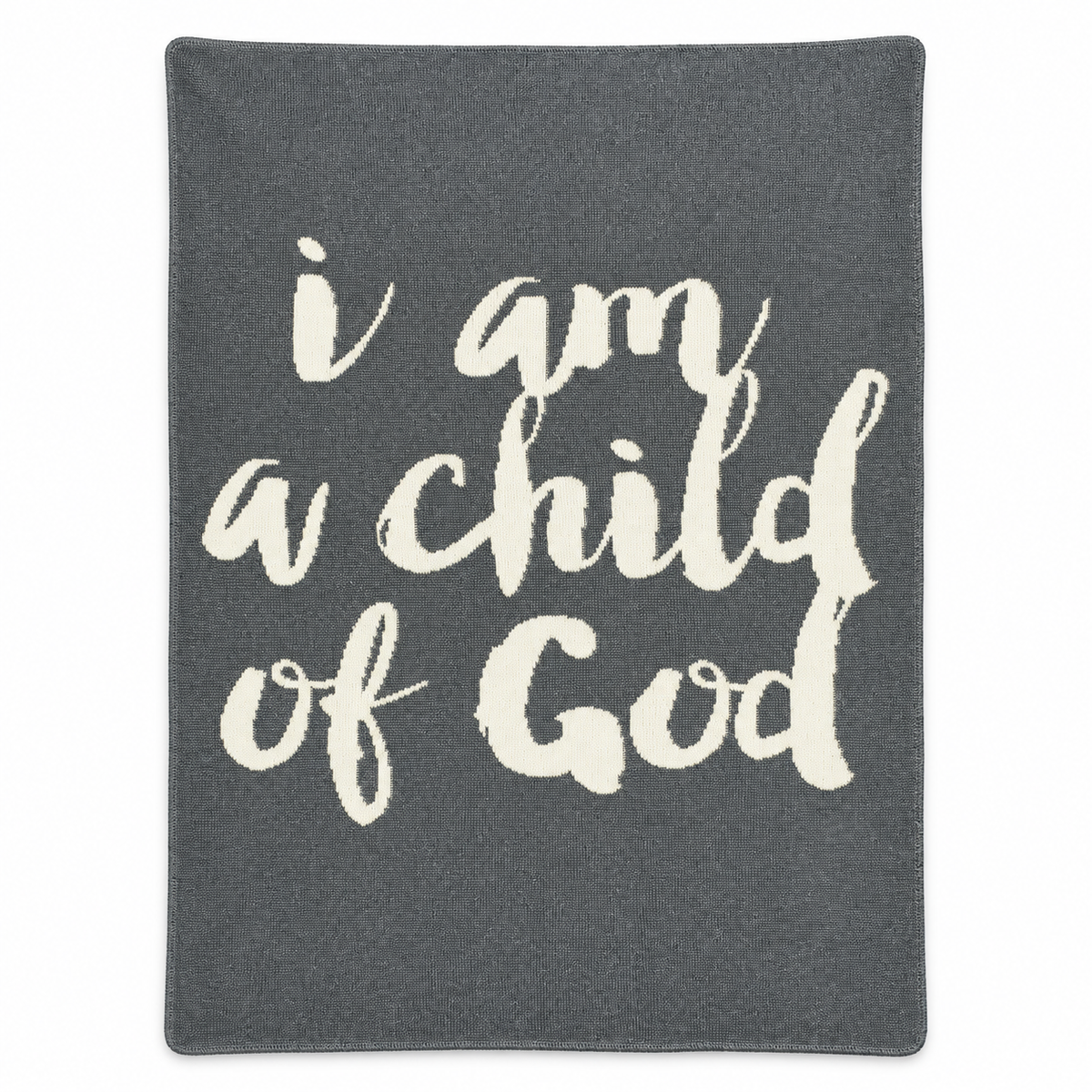 I Am a Child of God Recycled Cotton Throw Blanket — Pewter Gray, studio view on white.