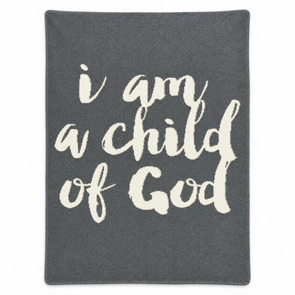 I Am a Child of God Recycled Cotton Throw Blanket — Pewter Gray, studio view on white.