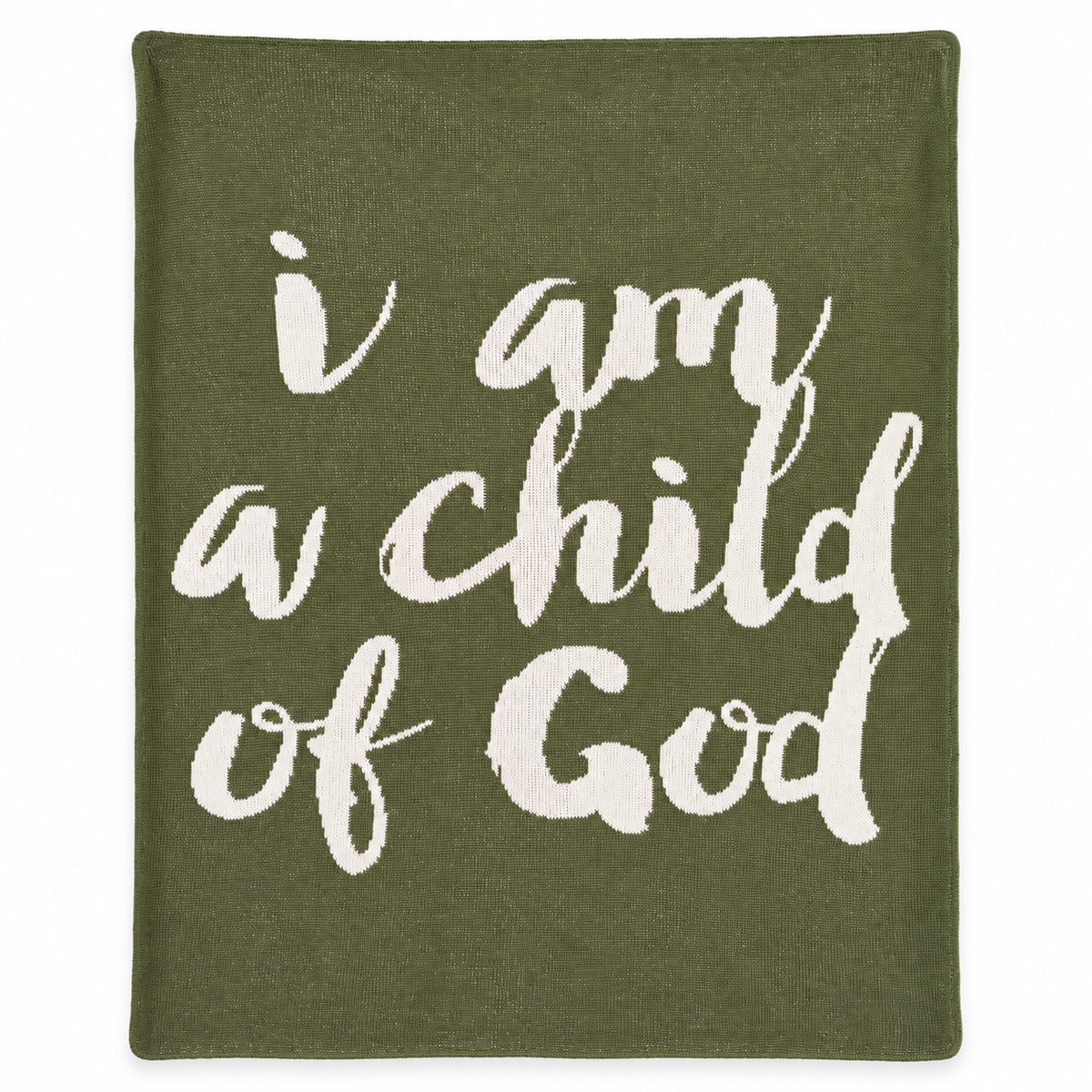 I Am a Child of God Recycled Cotton Throw Blanket — Kaki Green, studio view on white.