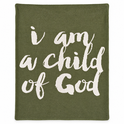 I Am a Child of God Recycled Cotton Throw Blanket — Kaki Green, studio view on white.