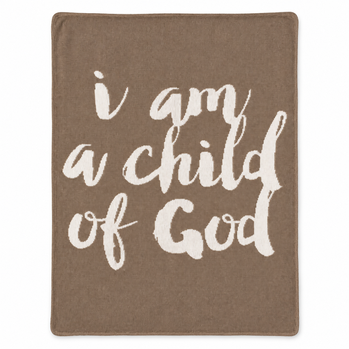 I Am a Child of God Recycled Cotton Throw Blanket — Taupe, studio view on white.