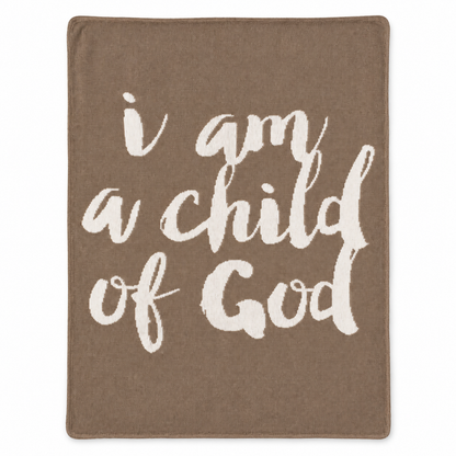 I Am a Child of God Recycled Cotton Throw Blanket — Taupe, studio view on white.