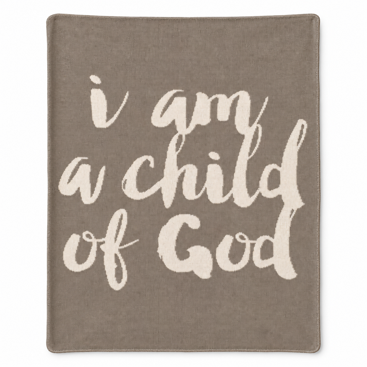 I Am a Child of God Recycled Cotton Throw Blanket — Topo, studio design reference on white.
