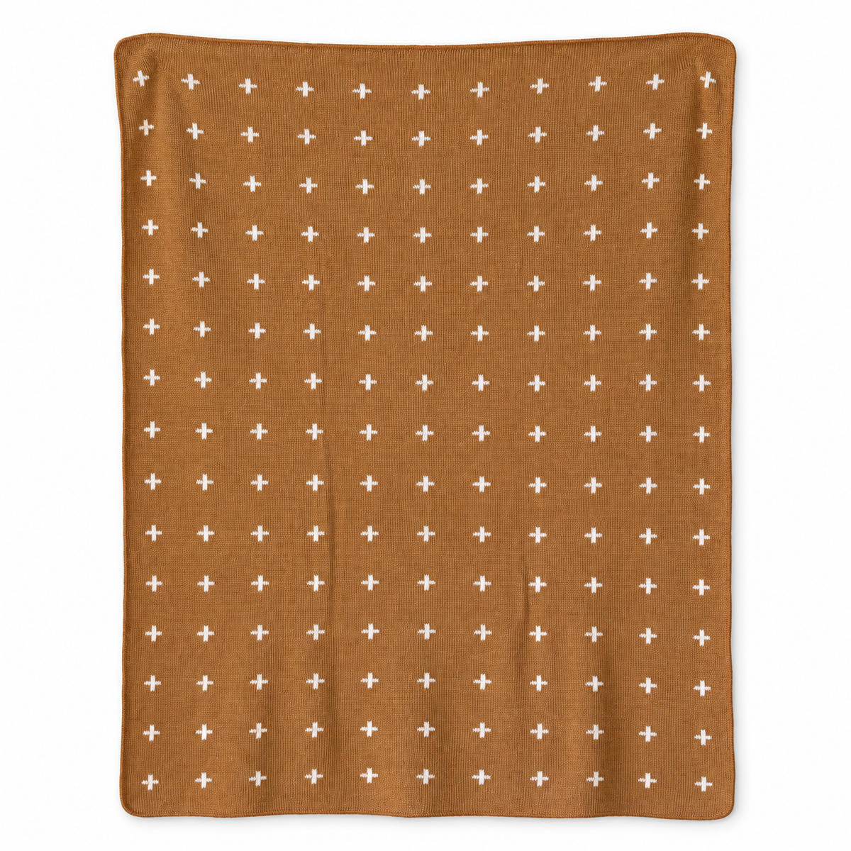 Mini Swiss Cross Recycled Cotton Throw Blanket — Caramel, studio design reference on white.