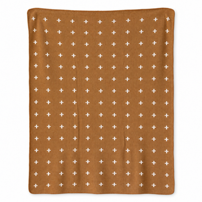 Mini Swiss Cross Recycled Cotton Throw Blanket — Caramel, studio design reference on white.