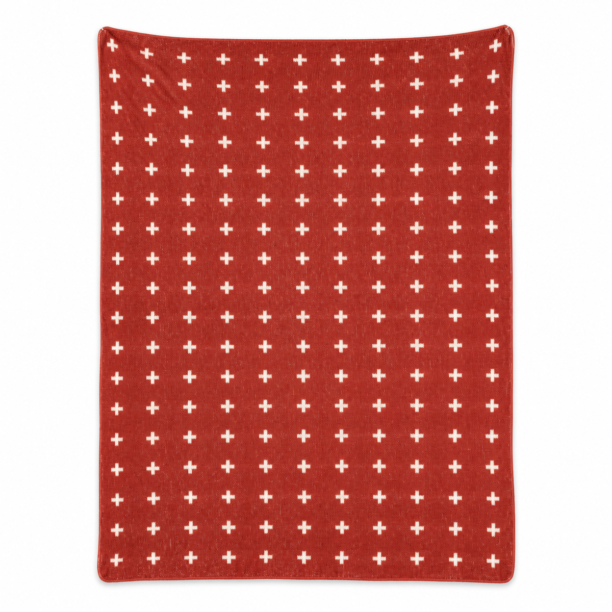 Mini Swiss Cross Recycled Cotton Throw Blanket — Rust Red, studio design reference on white.