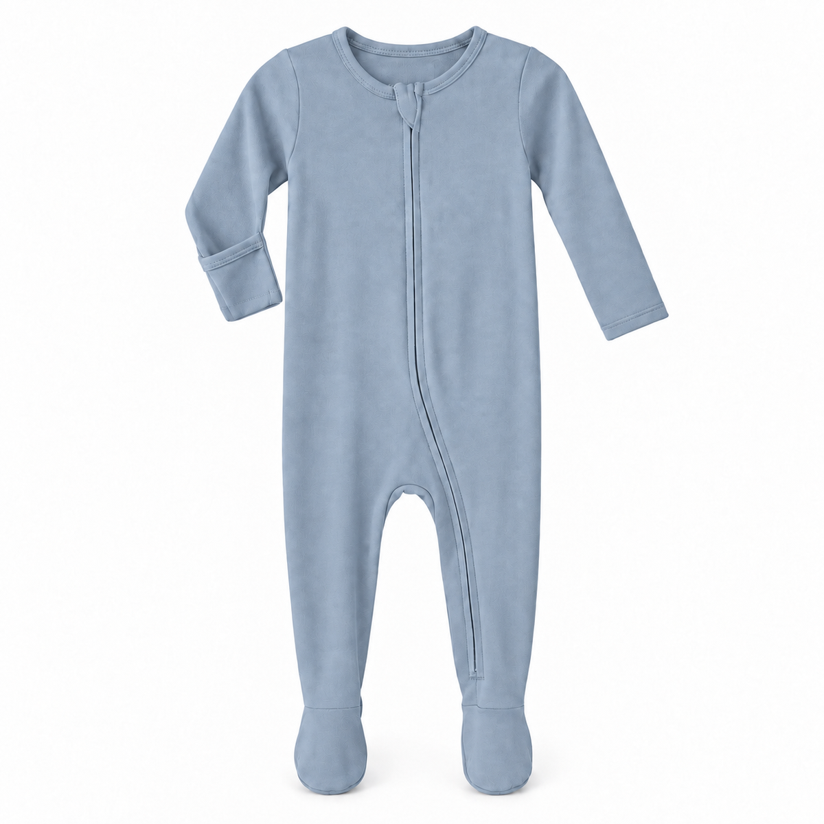 Tradewinds organic zip footie on white, with one sleeve turned to show the underside fold-over hand cover.