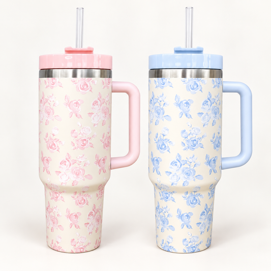 Rock Paper Scissors 40 oz floral tumblers in Cream + Pink and Cream + Blue; sold individually.
