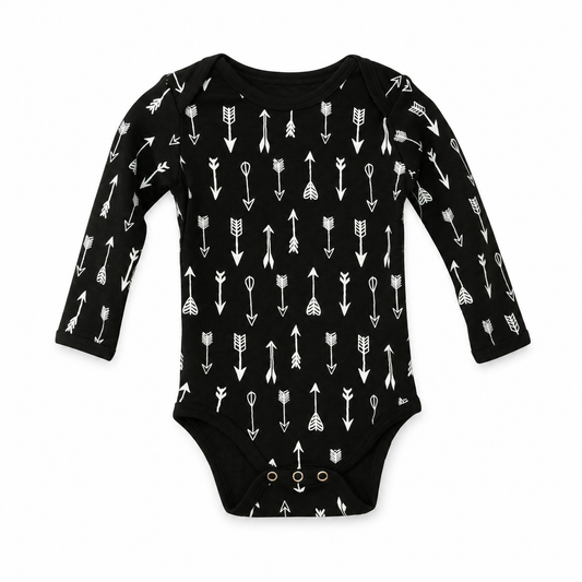 Organic Baby Long Sleeve Bodysuit | Signature Prints in WHITE ON BLACK ARROWS, front studio product photograph on white.