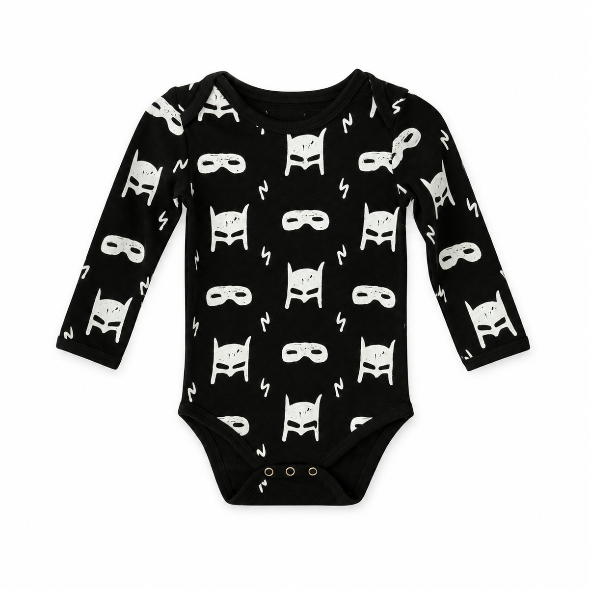 Organic Baby Long Sleeve Bodysuit | Signature Prints in WHITE ON BLACK HERO STRUCK, front studio product photograph on white.