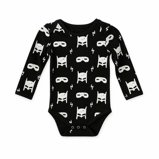 Organic Baby Long Sleeve Bodysuit | Signature Prints in WHITE ON BLACK HERO STRUCK, front studio product photograph on white.
