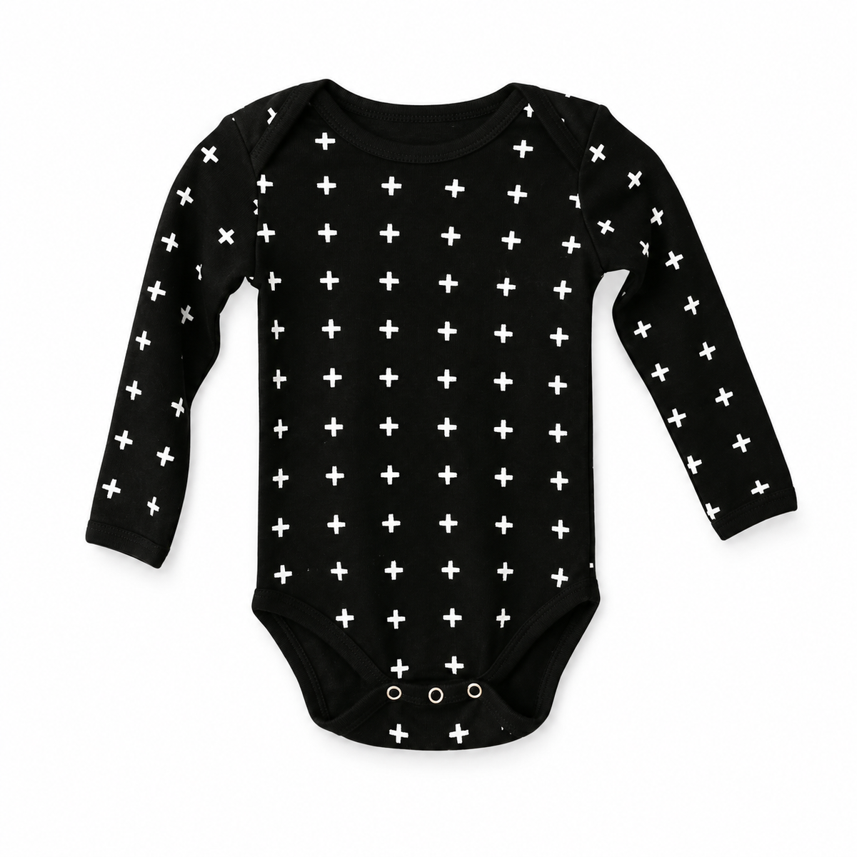 Organic Baby Long Sleeve Bodysuit | Signature Prints in WHITE ON BLACK SWISS CROSS, front studio product photograph on white.
