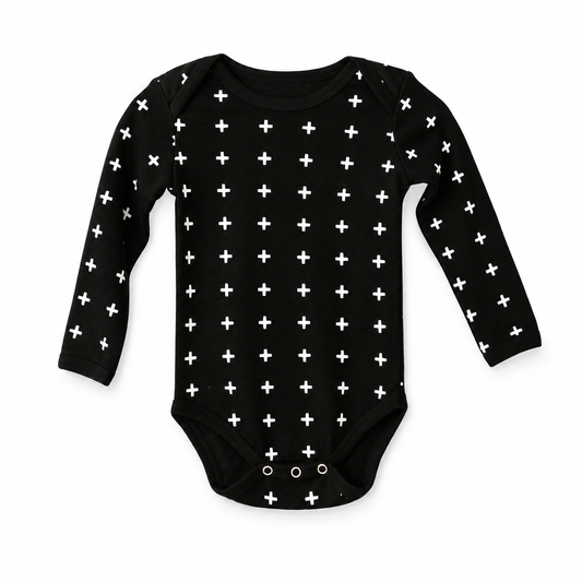 Organic Baby Long Sleeve Bodysuit | Signature Prints in WHITE ON BLACK SWISS CROSS, front studio product photograph on white.