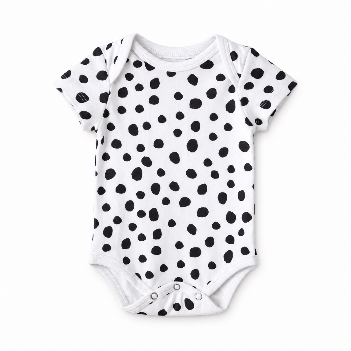 Organic Baby Short Sleeve Bodysuit | Signature Prints in B+W Spots ©, front studio product photograph on white.