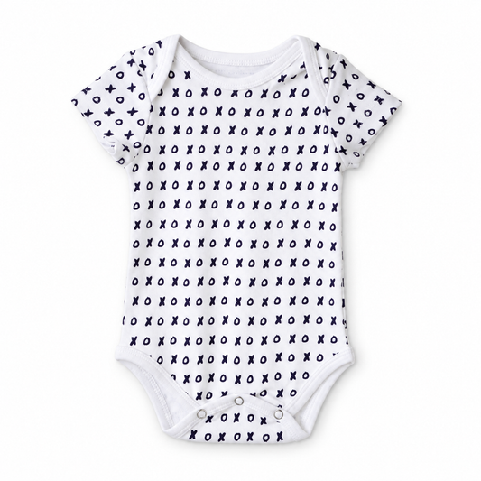 Organic Baby Short Sleeve Bodysuit | Signature Prints in B+W XO, front studio product photograph on white.