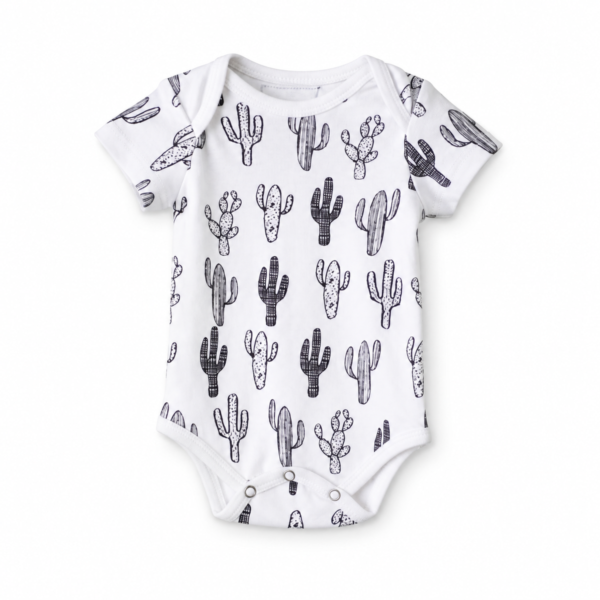 Organic Baby Short Sleeve Bodysuit | Signature Prints in B+W Cactus ©, front studio product photograph on white.