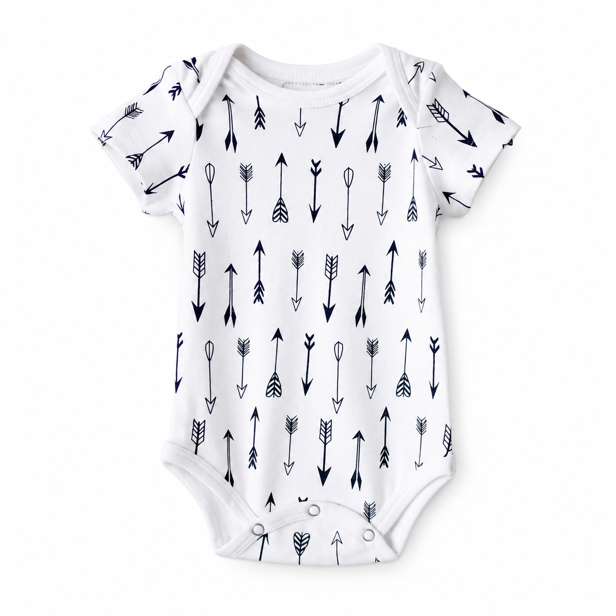 Organic Baby Short Sleeve Bodysuit | Signature Prints in B+W Arrows ©, front studio product photograph on white.