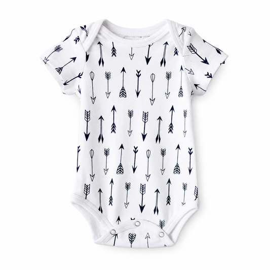 Organic Baby Short Sleeve Bodysuit | Signature Prints in B+W Arrows ©, front studio product photograph on white.